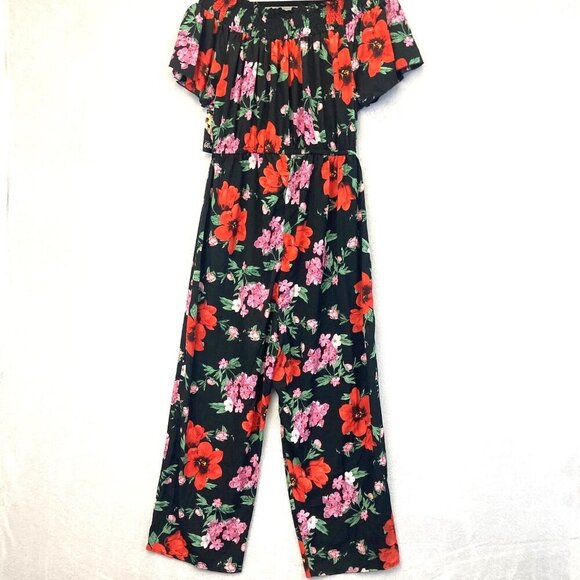 NWT Blush Off the Shoulder Black Floral Jumpsuit Womens 1X Red Lightweight XL - Picture 2 of 16